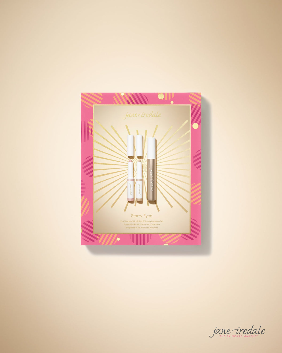 Jane Iredale Starry Eyed set in roze geschenkdoos met mini oogschaduwsticks en tubing mascara